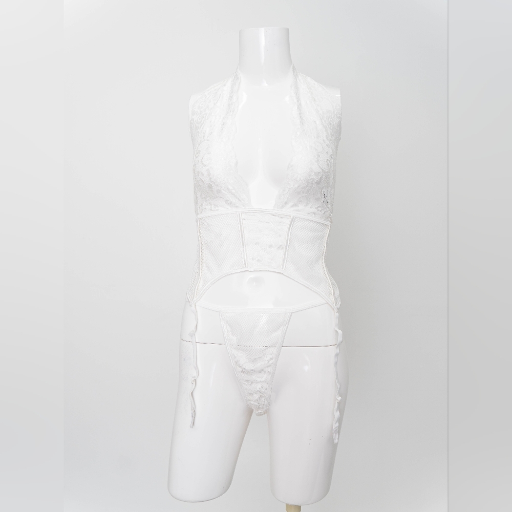 White Mesh and Lace Halter Bustier Garter and thong set